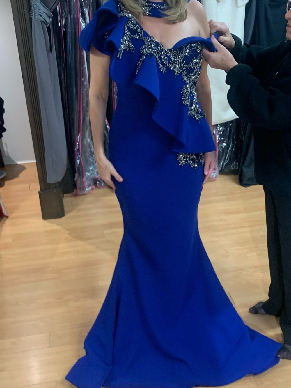 Royal Blue Ruffled Embellished Evening Gown